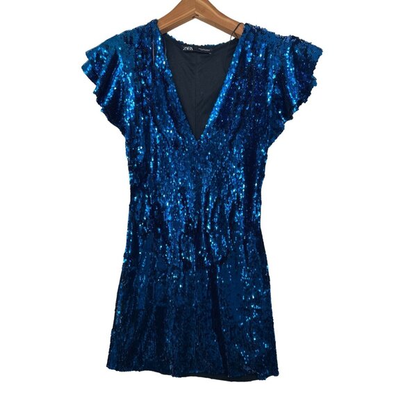 Zara Mini Dress Sz M Blue Blogger Favorite Sequined Glam Party Cocktail Sparkle - Picture 1 of 7